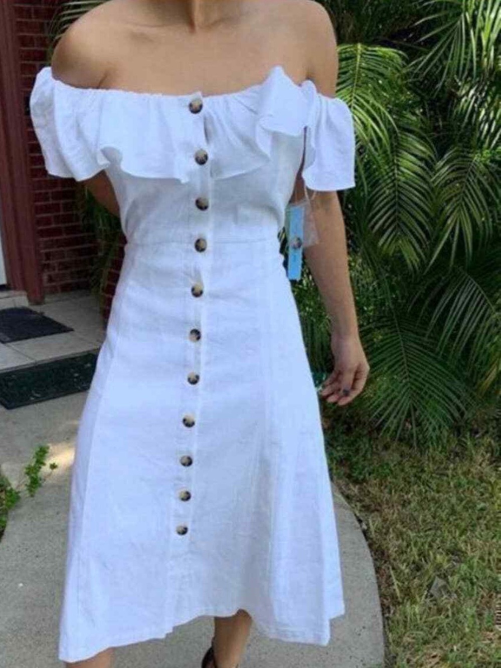 Antonio Melani Dress Midi linen Cream Off-Shoulder Button-Front Women’s 12